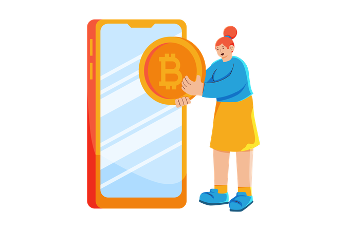 Woman sending bitcoin through mobile app  Illustration