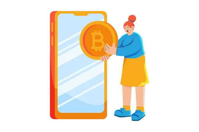 Woman sending bitcoin through mobile app  Illustration