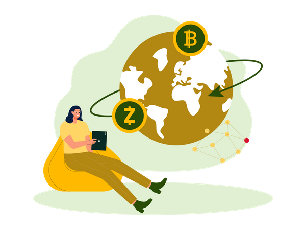 Woman sending crypto over the world  Illustration