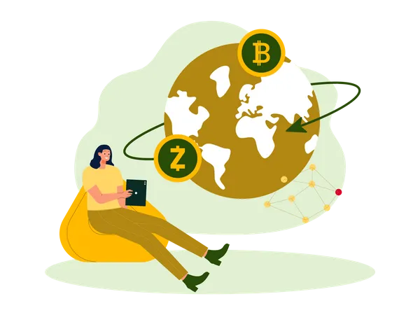 Woman sending crypto over the world  Illustration