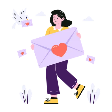 Woman sending love letter to lover Illustration