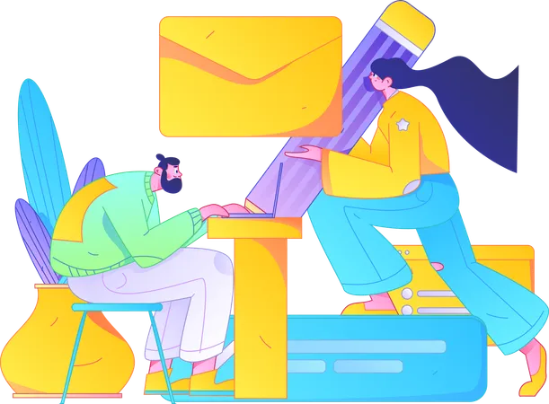 Woman sending mail while man working on laptop  Illustration