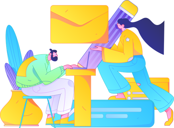 Woman sending mail while man working on laptop  Illustration