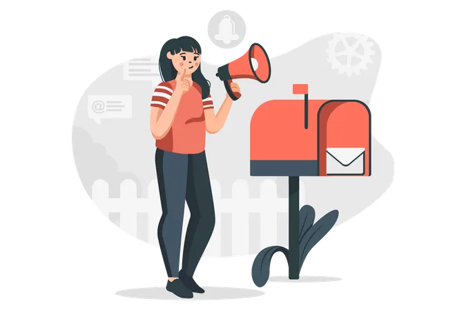 Woman Sending Message Concept In Flat Design Young Girl With Megaphone Stands Near Mailbox Email Service Announcement And Online Correspondence Vector Illustration With People Scene For Web Illustration