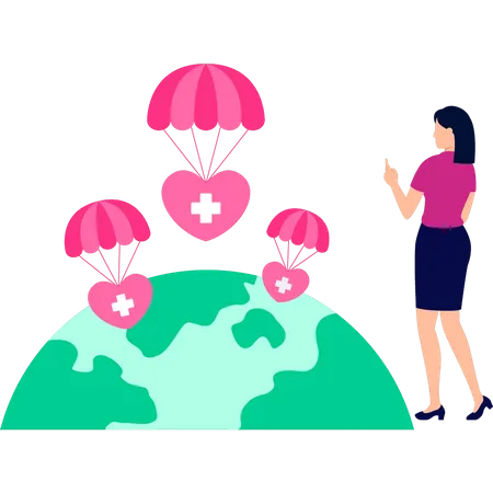 Woman sending medical donations by parachute  Illustration
