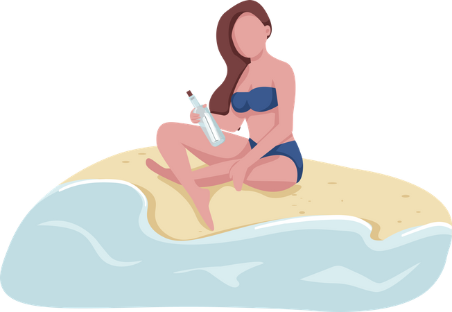 Woman sending message in bottle  Illustration