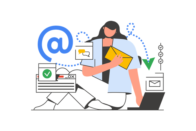 Woman sending new letters, communicating online  Illustration