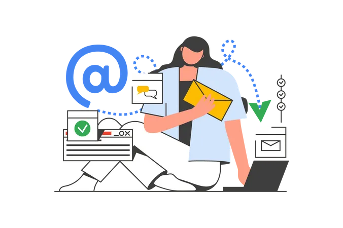 Woman sending new letters, communicating online  Illustration