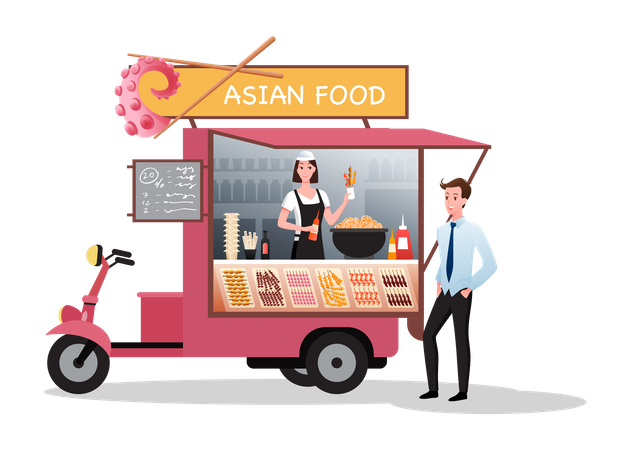 Woman serving asian food from truck  Illustration