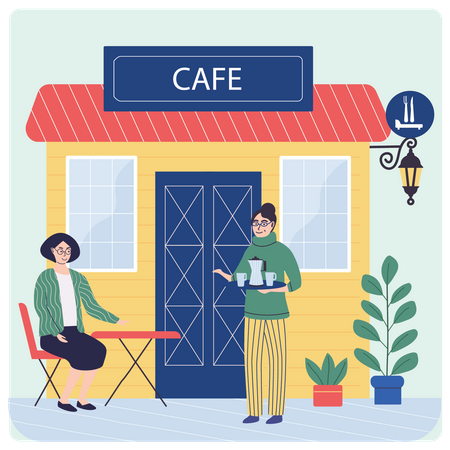 Woman serving coffee to female customer  Illustration