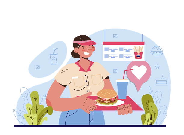 Woman serving fast food  Illustration