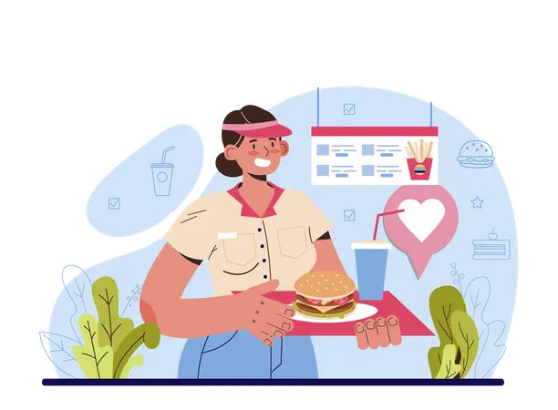 Woman serving fast food  Illustration