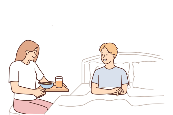 Woman serving food to husband sitting on bed  Illustration