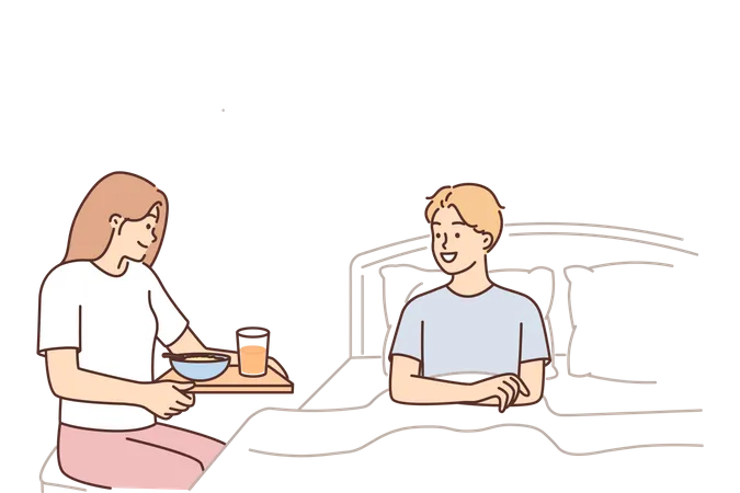 Woman serving food to husband sitting on bed  Illustration