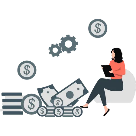 Woman set up dollar investment  Illustration