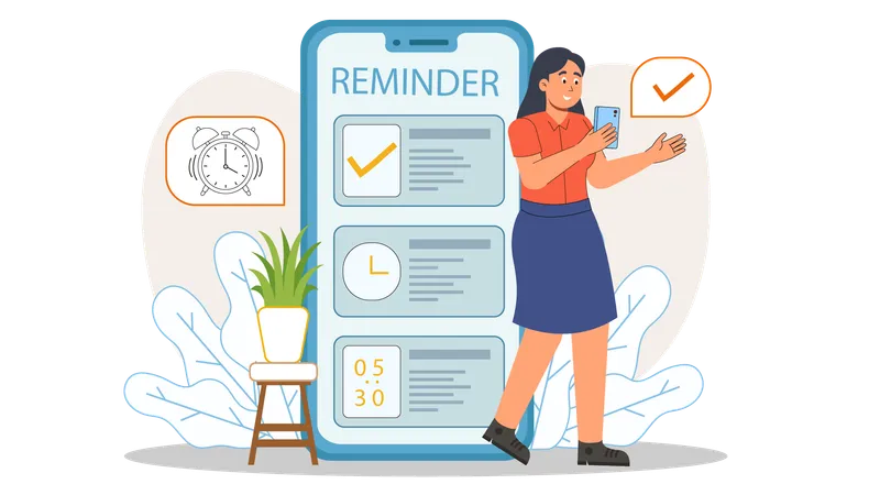 Woman sets up mobile reminder for upcoming events  Illustration