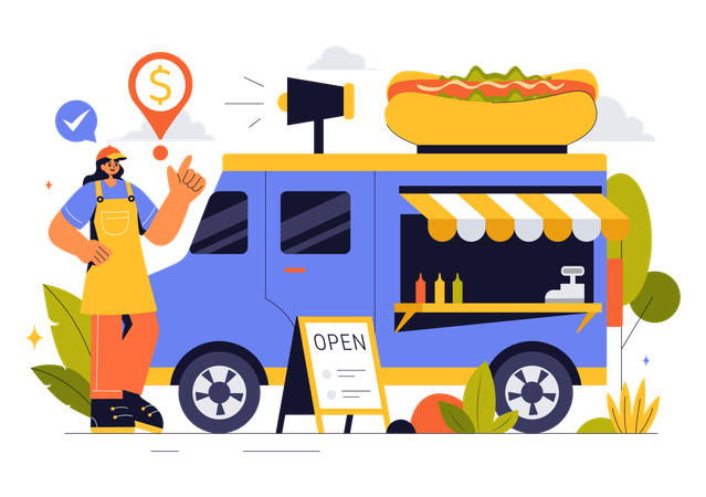 Woman setting up fast food truck  Illustration