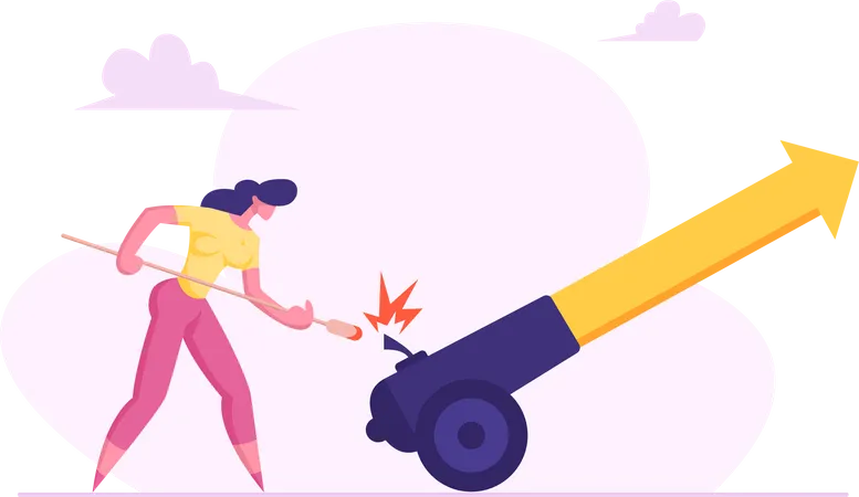 Business Woman Is Setting On Fire The Cannon With Big Arrow Symbol Of Financial Investments Grow Goal Achievement Leadership Concept Vector Flat Illustration Illustration