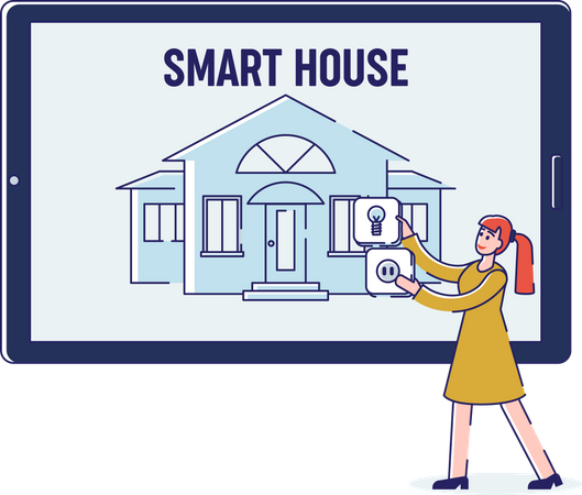 Woman Setting Up Smart House Intelligence Technology On Tablet Illustration