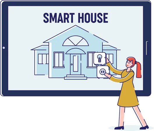 Woman Setting Up Smart House Intelligence Technology On Tablet  일러스트레이션