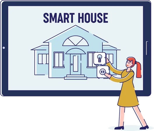 Woman Setting Up Smart House Intelligence Technology On Tablet  Illustration