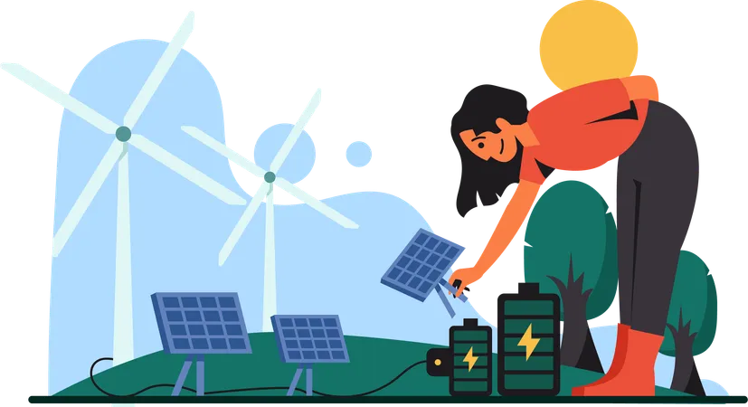 Transform Your Message With An Illustration Of Woman Is Setting Up Solar Panel For Save Energy H For An Impactful Clean Environment Campaign Ideal For Banners Websites Or Promotional Materials This Artwork Visually Conveys The Importance Of Environmental Awareness In A Modern Dynamic Style That Encourages Eco Friendly Practices Illustration