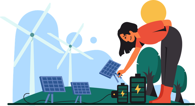 Woman Setting Up Solar Panel  Illustration