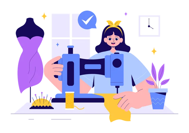 Woman Sewing Clothes  Illustration