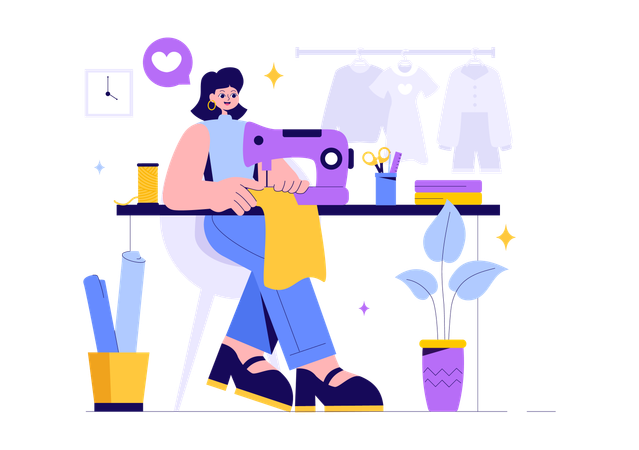 Woman Sewing Clothes  Illustration