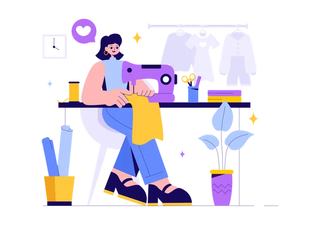 Woman Sewing Clothes  Illustration