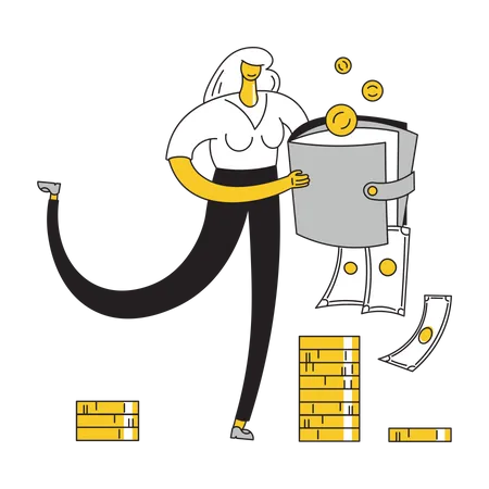 Woman shaking money out of her purse Illustration