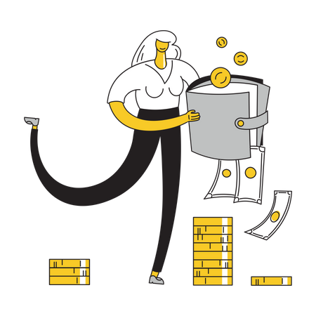 Woman shaking money out of her purse  Illustration