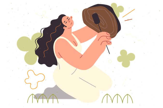 Woman shaman plays sacred drum demonstrating traditional ritual for summoning spirits  Illustration