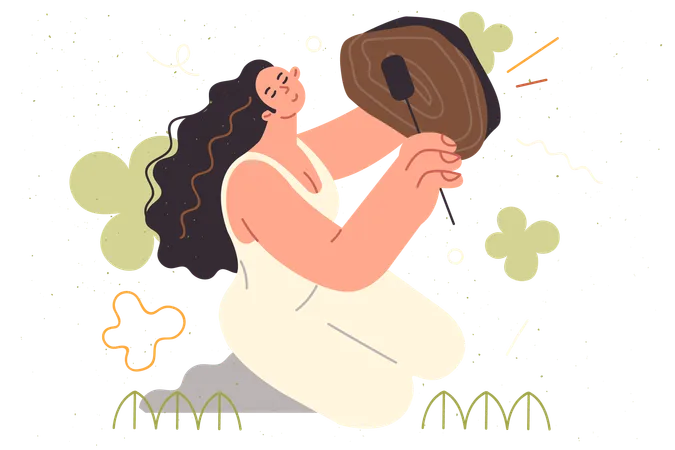 Woman shaman plays sacred drum demonstrating traditional ritual for summoning spirits  Illustration