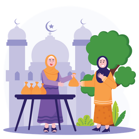 Woman Share Free Qurban Meat  イラスト