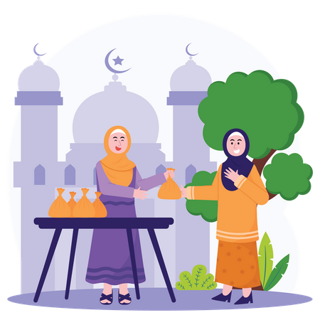 Woman Share Free Qurban Meat  Illustration