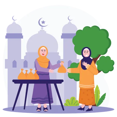 Woman Share Free Qurban Meat  Illustration