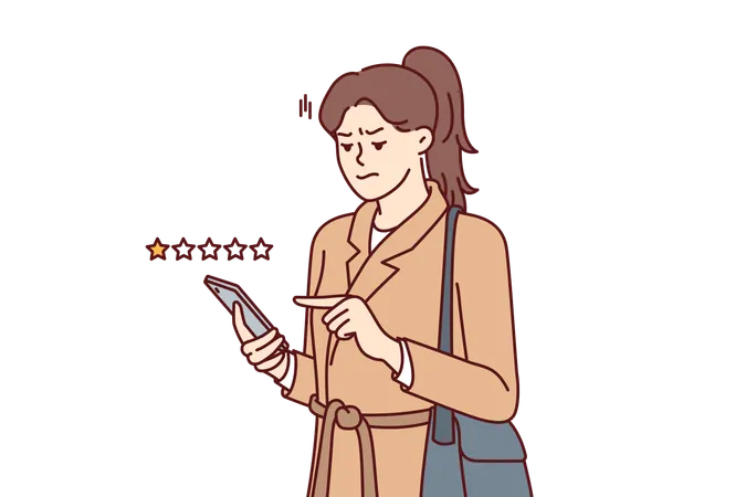 Woman With Phone Shares User Experience By Giving Negative Rating To Store Or Restaurant Girl Uses Mobile Application On Smartphone To Put One Star And Lower Company Rating Due To Poor Service Illustration