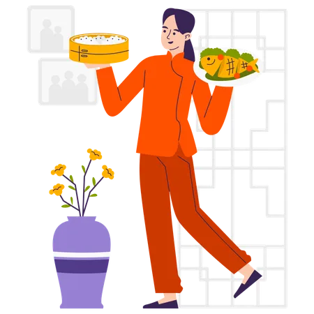 Woman sharing chinese dishes  Illustration