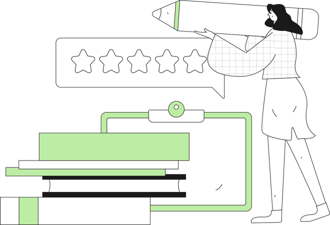 Woman sharing five star rating for a book  Illustration