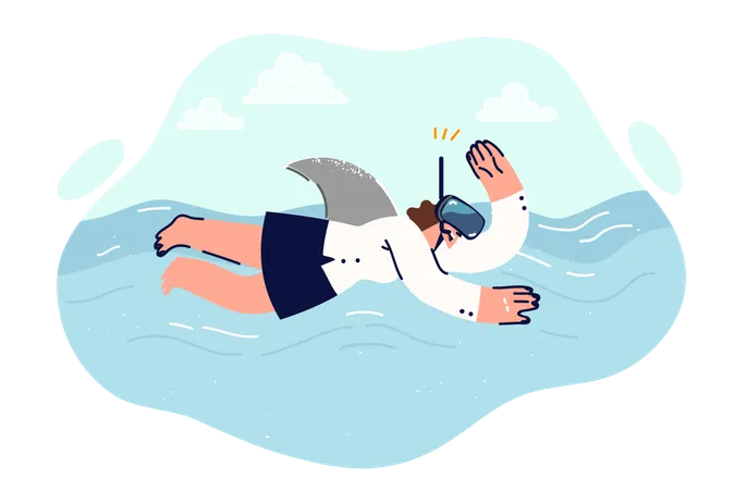Woman Shark Of Business World Swims In River Showing Courage And Aggression In Achieving Commercial Goals Metaphor Of Boldness And Having Extensive Business Experience Used For Career Development Illustration