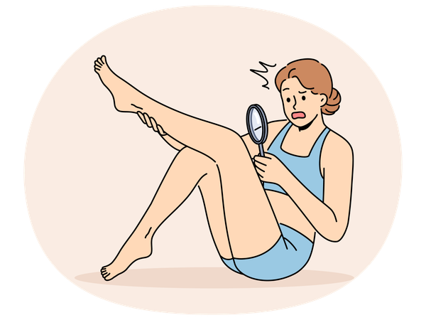 Woman shocked by hair on legs and needs depilation or epilation in spa salon  Illustration