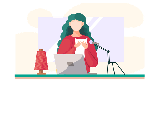 Woman shooting video and text from paper on microphone  Illustration