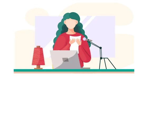 Woman shooting video and text from paper on microphone  Illustration