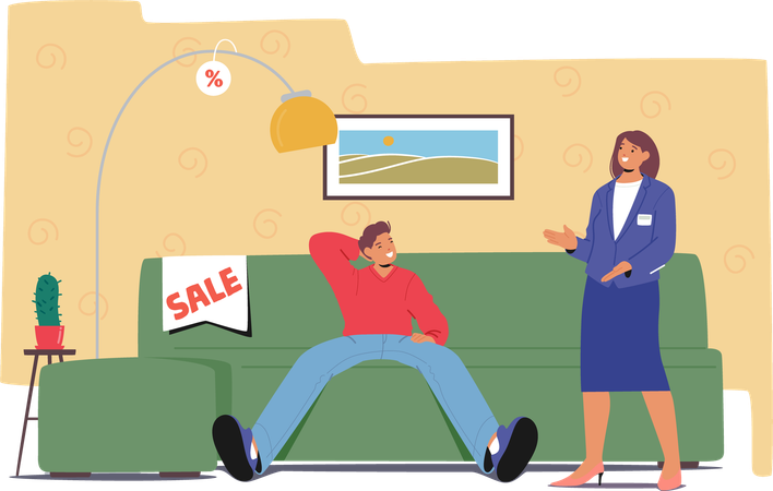 Woman shop assistant counseling man customer due to choose comfortable sofa for living room  Illustration