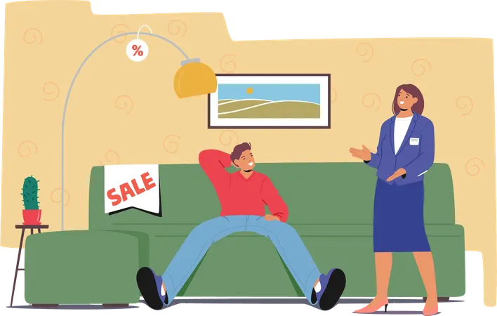 Woman shop assistant counseling man customer due to choose comfortable sofa for living room  Illustration