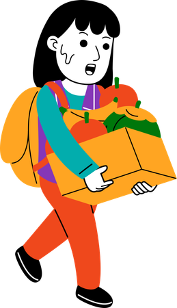 Woman Shopper carry fruits in cardboard box  Illustration