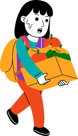 Woman Shopper carry fruits in cardboard box  イラスト
