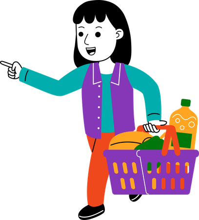 Woman Shopper carrying groceries in a basket  イラスト
