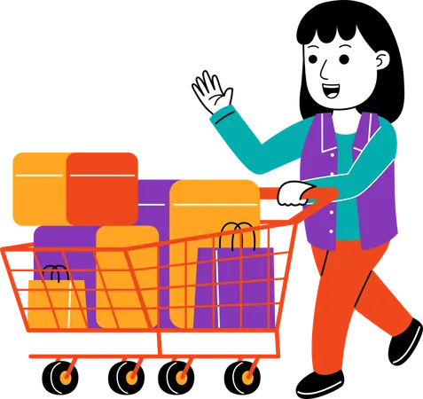 Woman Shopper carrying groceries on trolley  イラスト